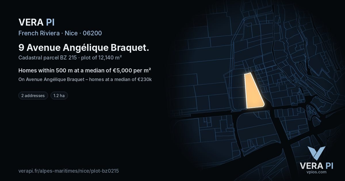 9 Avenue Angélique Braquet, Nice at night – the plot lit, the parcels around coloured by the prices near them