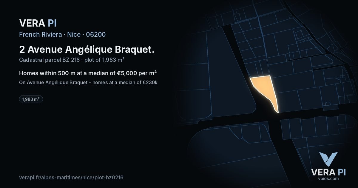 2 Avenue Angélique Braquet, Nice at night – the plot lit, the parcels around coloured by the prices near them