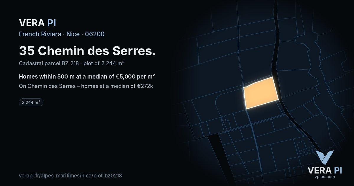 35 Chemin des Serres, Nice at night – the plot lit, the parcels around coloured by the prices near them