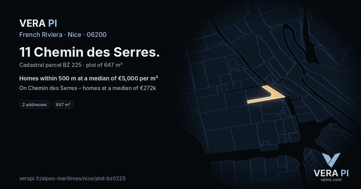 11 Chemin des Serres, Nice at night – the plot lit, the parcels around coloured by the prices near them