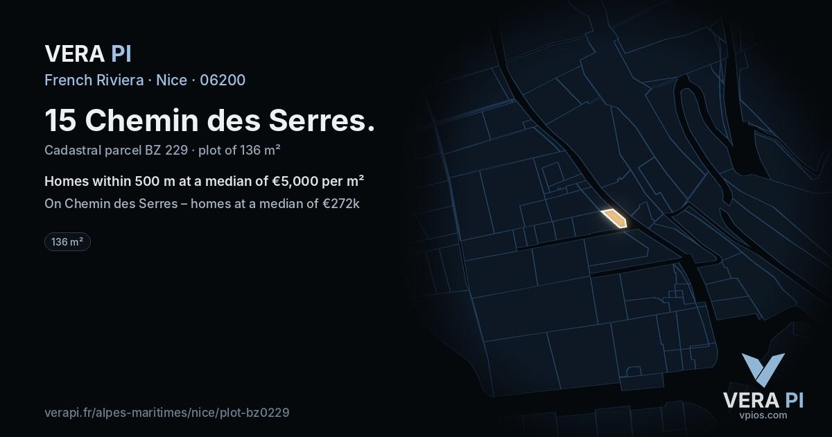 15 Chemin des Serres, Nice at night – the plot lit, the parcels around coloured by the prices near them