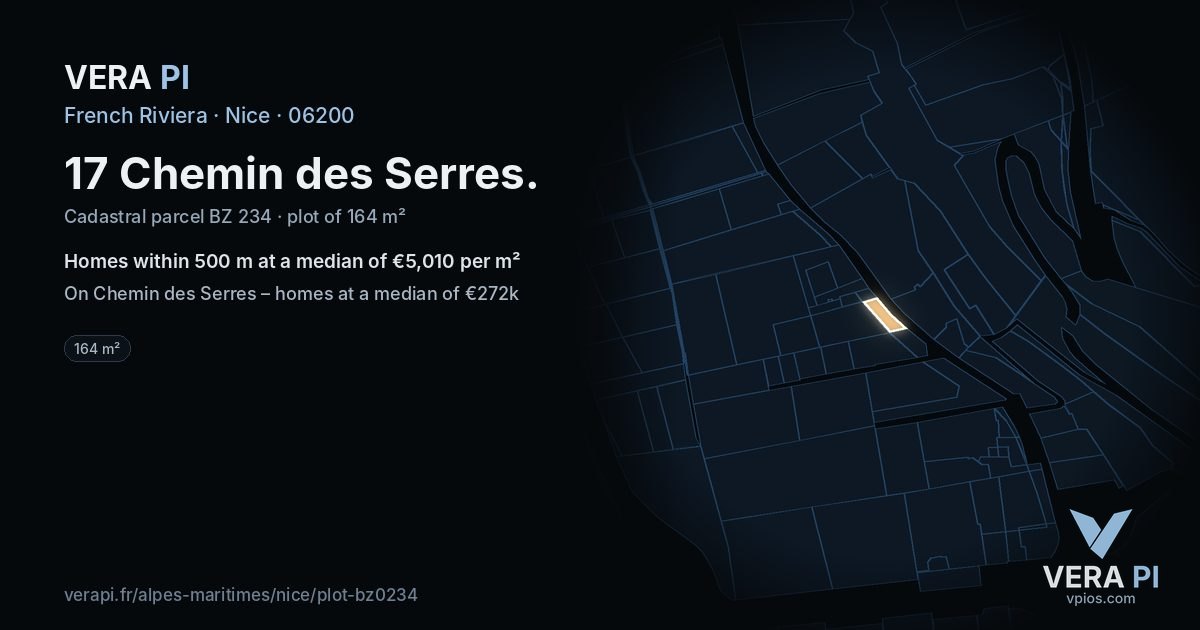 17 Chemin des Serres, Nice at night – the plot lit, the parcels around coloured by the prices near them
