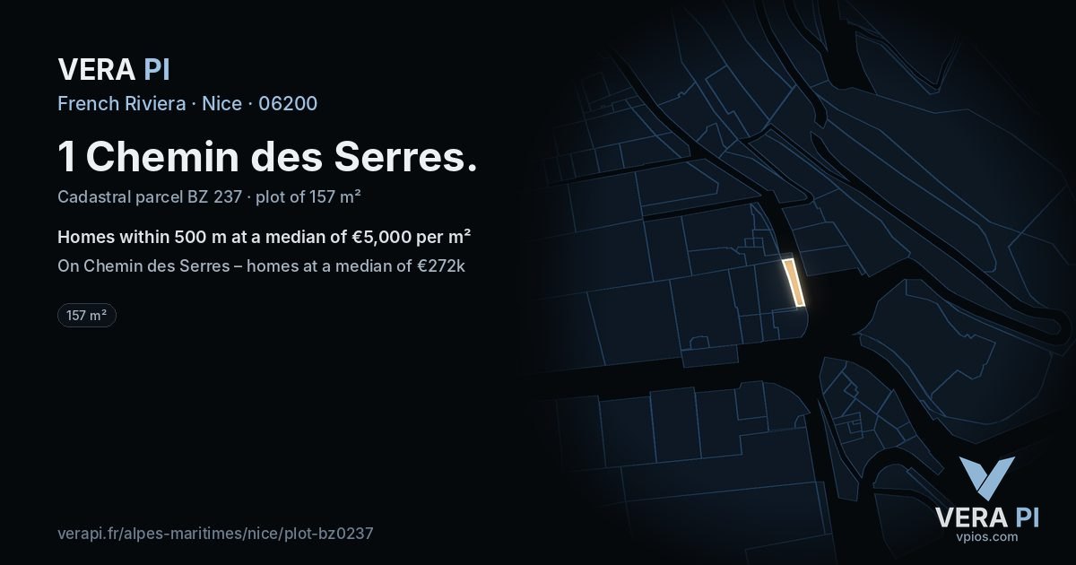 1 Chemin des Serres, Nice at night – the plot lit, the parcels around coloured by the prices near them