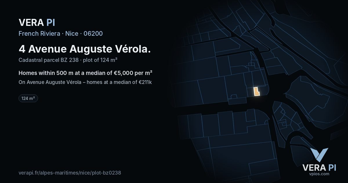 4 Avenue Auguste Vérola, Nice at night – the plot lit, the parcels around coloured by the prices near them