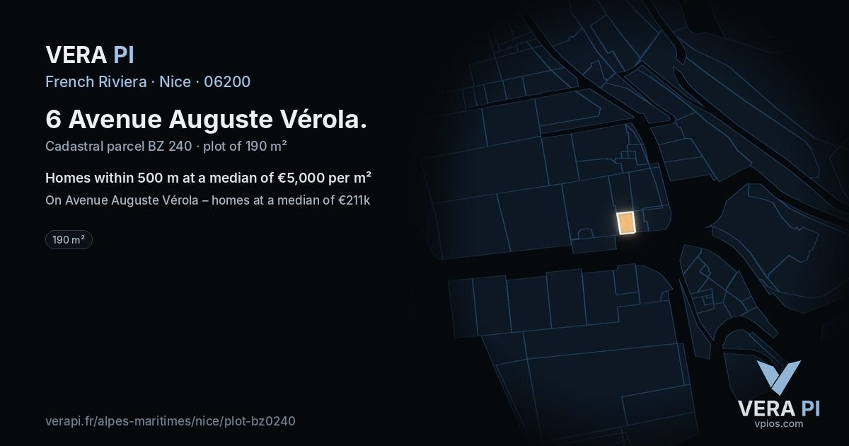 6 Avenue Auguste Vérola, Nice at night – the plot lit, the parcels around coloured by the prices near them