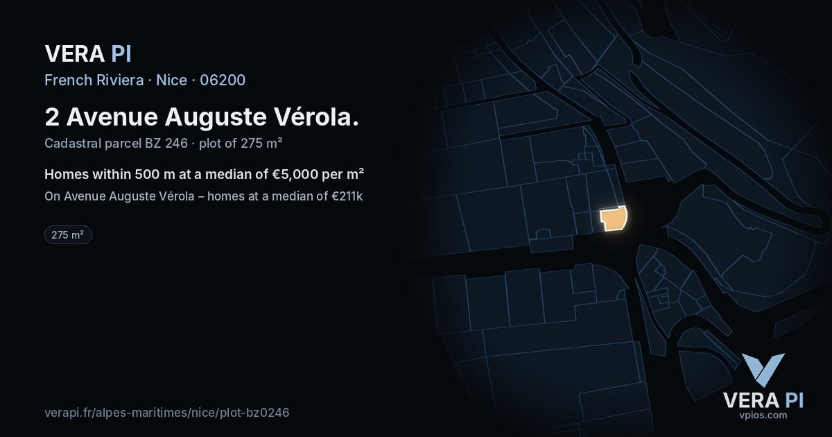 2 Avenue Auguste Vérola, Nice at night – the plot lit, the parcels around coloured by the prices near them