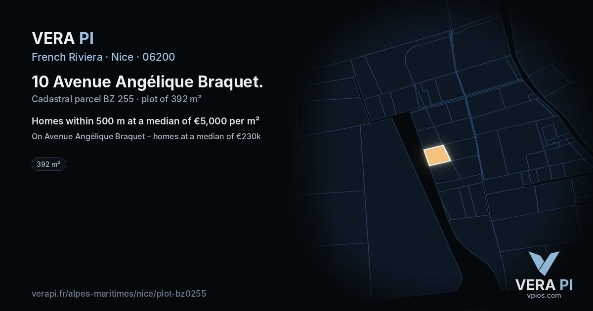 10 Avenue Angélique Braquet, Nice at night – the plot lit, the parcels around coloured by the prices near them