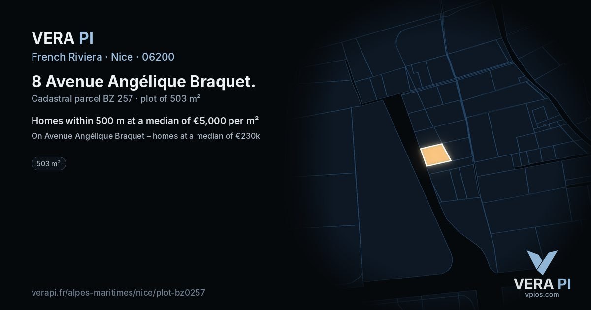 8 Avenue Angélique Braquet, Nice at night – the plot lit, the parcels around coloured by the prices near them