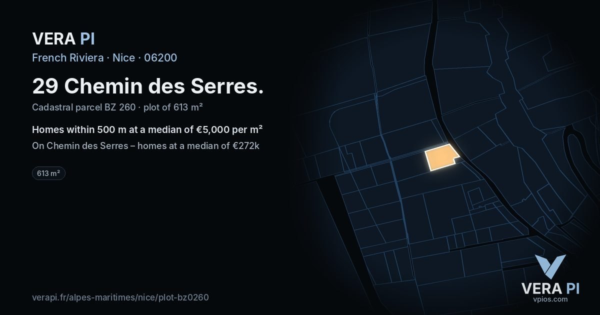 29 Chemin des Serres, Nice at night – the plot lit, the parcels around coloured by the prices near them