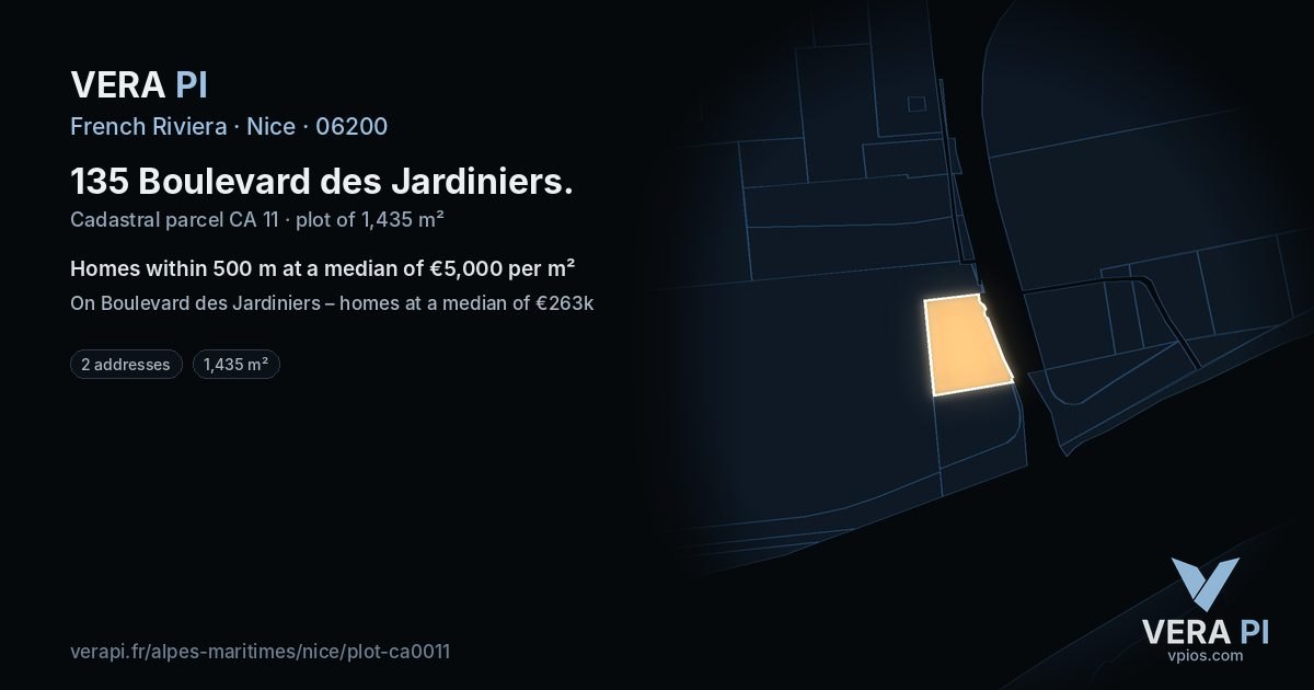 135 Boulevard des Jardiniers, Nice at night – the plot lit, the parcels around coloured by the prices near them