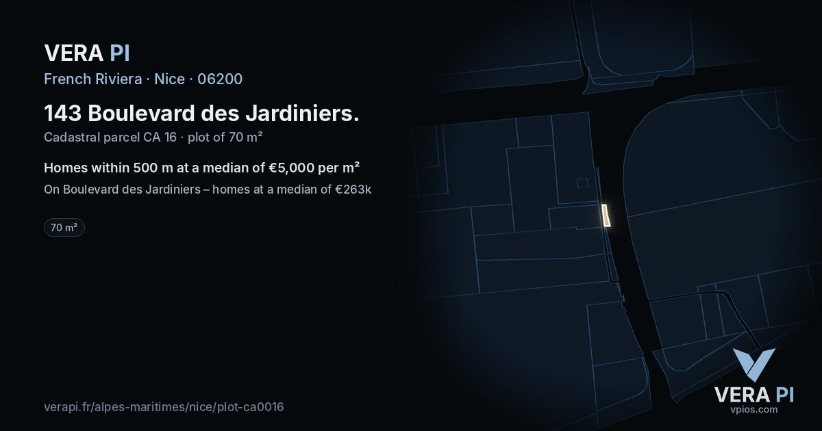 143 Boulevard des Jardiniers, Nice at night – the plot lit, the parcels around coloured by the prices near them