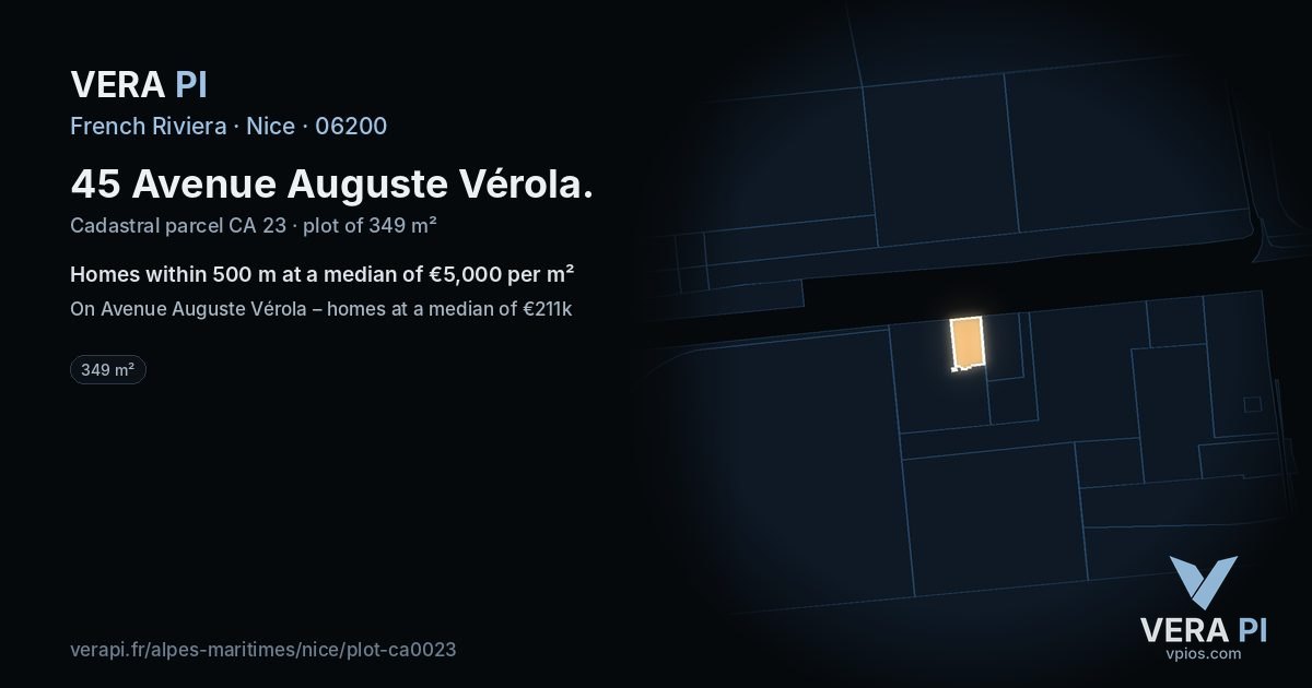 45 Avenue Auguste Vérola, Nice at night – the plot lit, the parcels around coloured by the prices near them