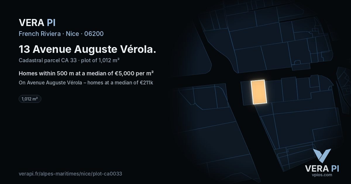 13 Avenue Auguste Vérola, Nice at night – the plot lit, the parcels around coloured by the prices near them