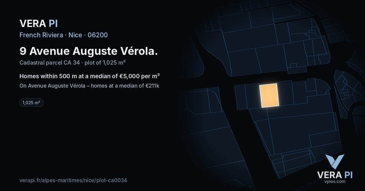 9 Avenue Auguste Vérola, Nice at night – the plot lit, the parcels around coloured by the prices near them