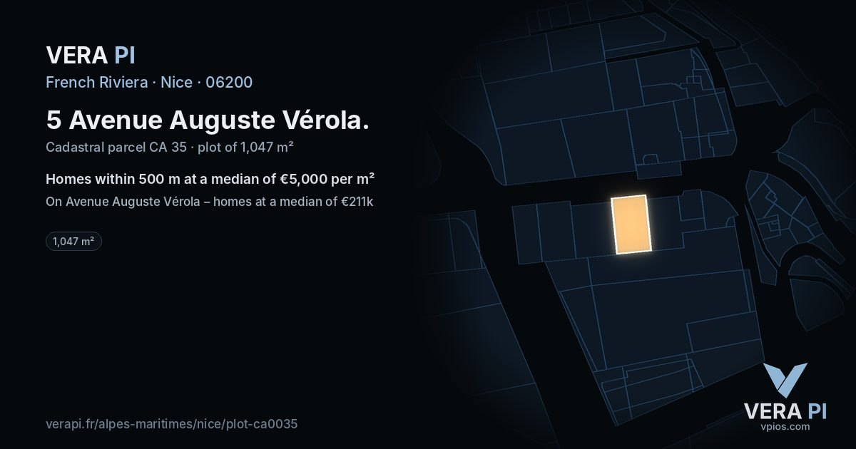 5 Avenue Auguste Vérola, Nice at night – the plot lit, the parcels around coloured by the prices near them