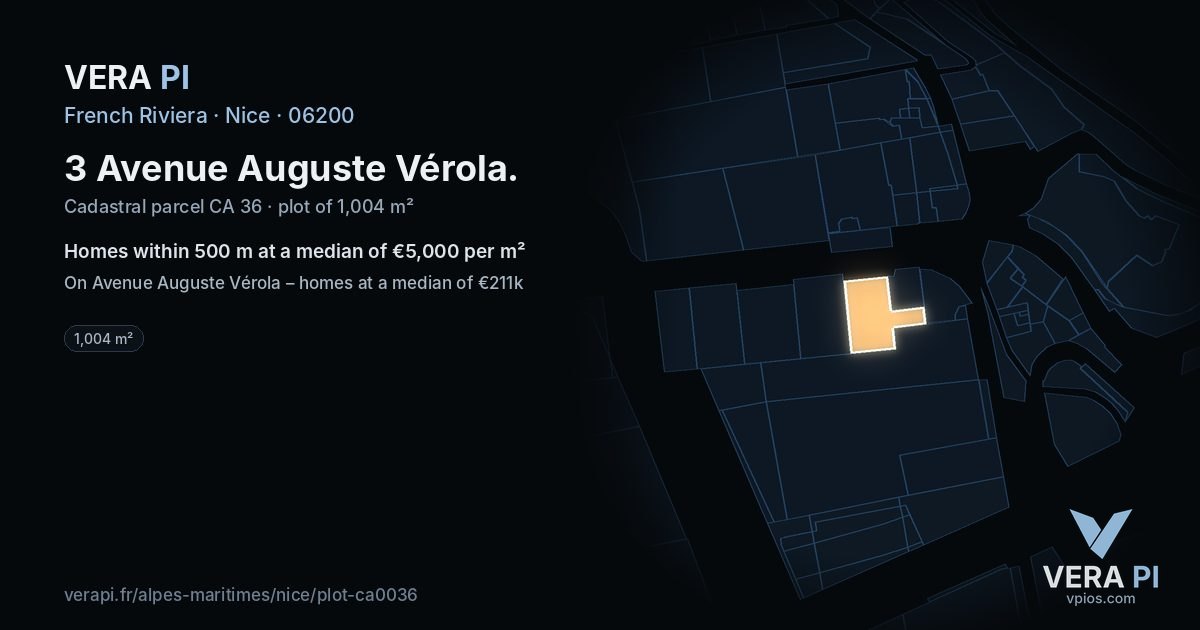 3 Avenue Auguste Vérola, Nice at night – the plot lit, the parcels around coloured by the prices near them