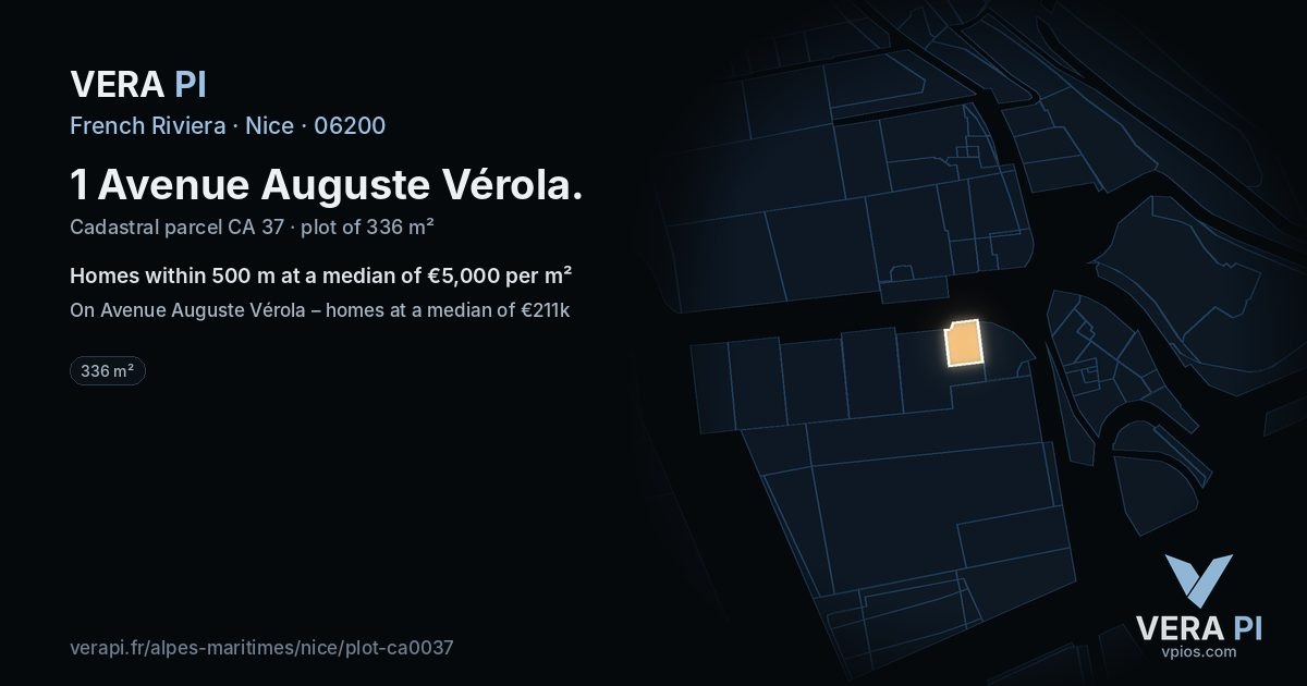 1 Avenue Auguste Vérola, Nice at night – the plot lit, the parcels around coloured by the prices near them