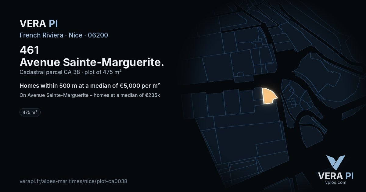 461 Avenue Sainte-Marguerite, Nice at night – the plot lit, the parcels around coloured by the prices near them