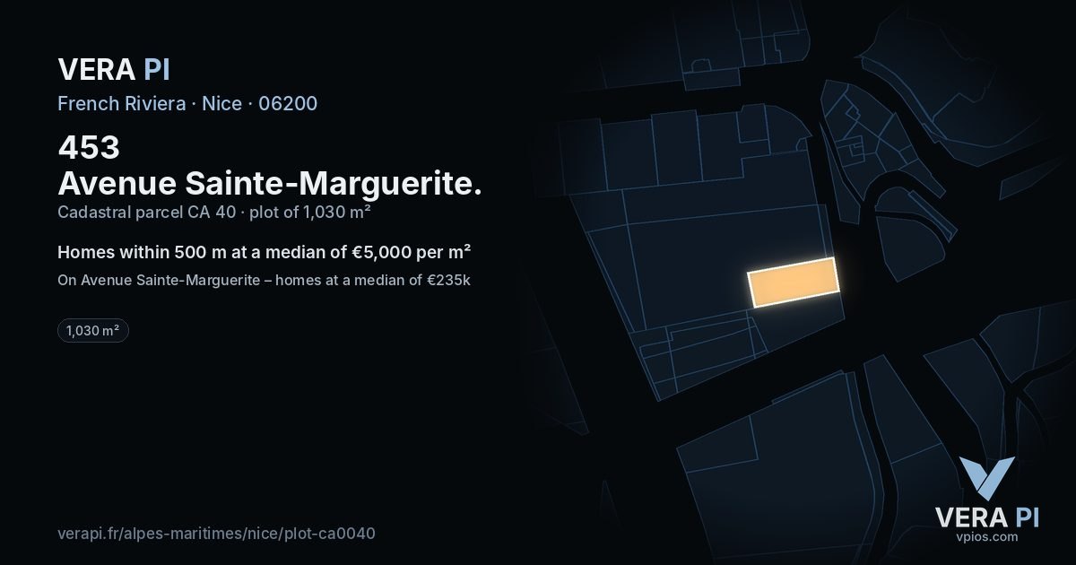 453 Avenue Sainte-Marguerite, Nice at night – the plot lit, the parcels around coloured by the prices near them
