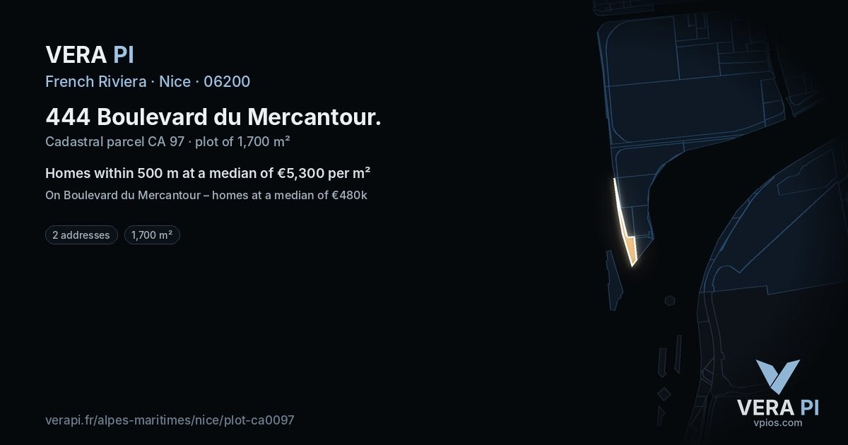 444 Boulevard du Mercantour, Nice at night – the plot lit, the parcels around coloured by the prices near them