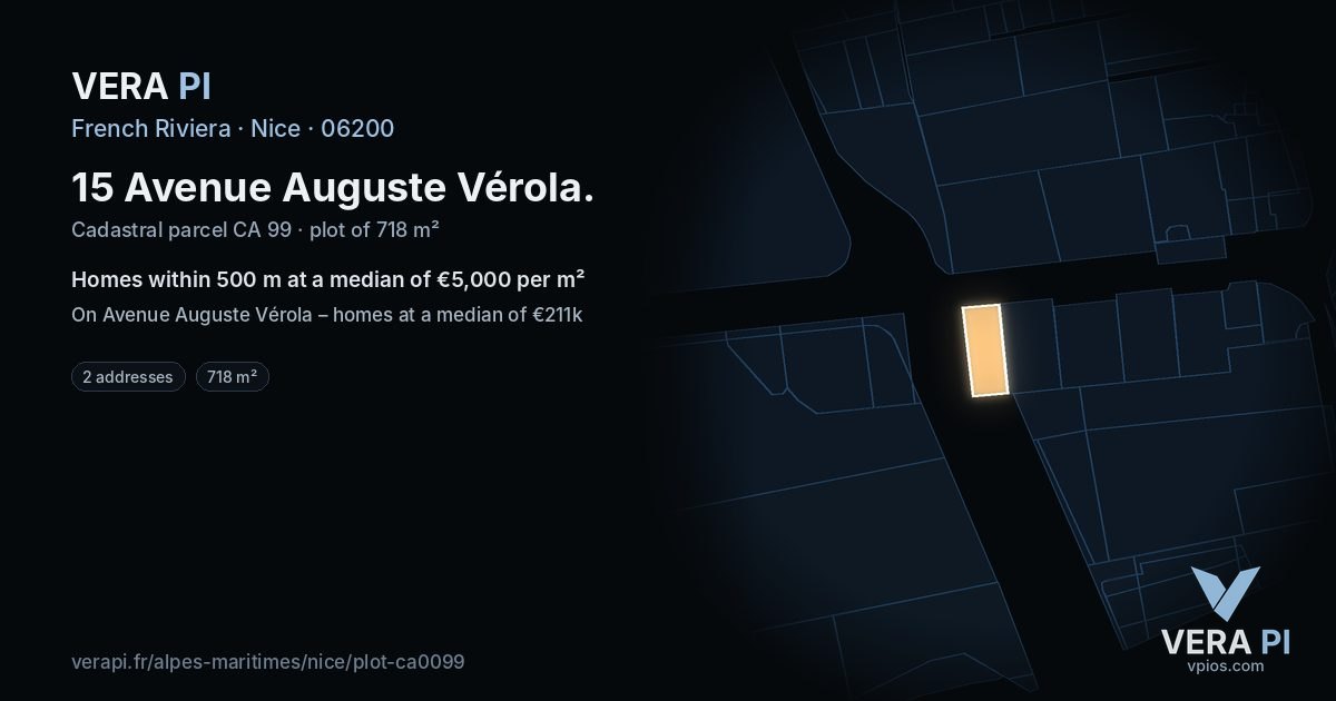15 Avenue Auguste Vérola, Nice at night – the plot lit, the parcels around coloured by the prices near them