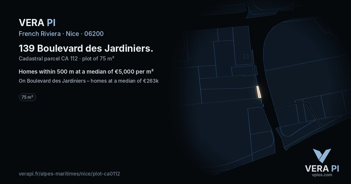 139 Boulevard des Jardiniers, Nice at night – the plot lit, the parcels around coloured by the prices near them
