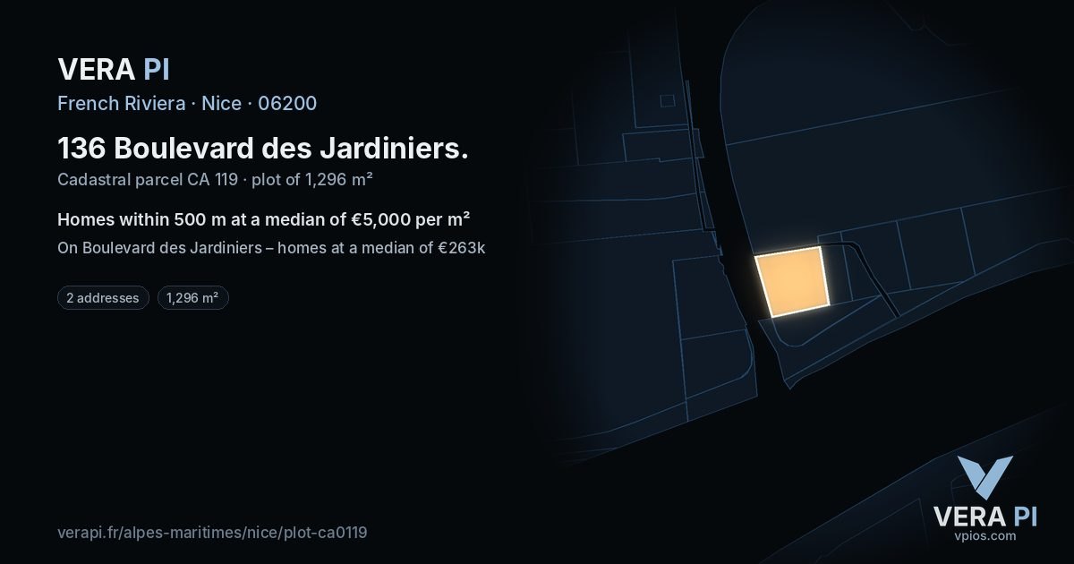 136 Boulevard des Jardiniers, Nice at night – the plot lit, the parcels around coloured by the prices near them