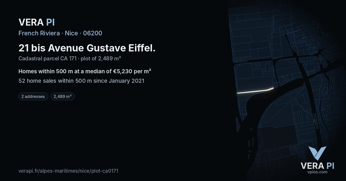 21 bis Avenue Gustave Eiffel, Nice at night – the plot lit, the parcels around coloured by the prices near them