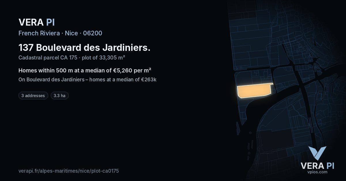 137 Boulevard des Jardiniers, Nice at night – the plot lit, the parcels around coloured by the prices near them