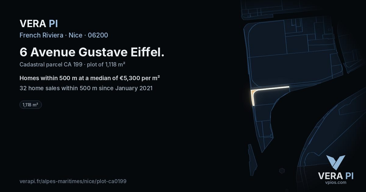 6 Avenue Gustave Eiffel, Nice at night – the plot lit, the parcels around coloured by the prices near them