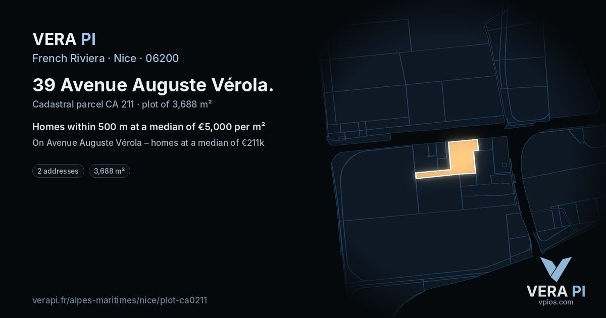 39 Avenue Auguste Vérola, Nice at night – the plot lit, the parcels around coloured by the prices near them