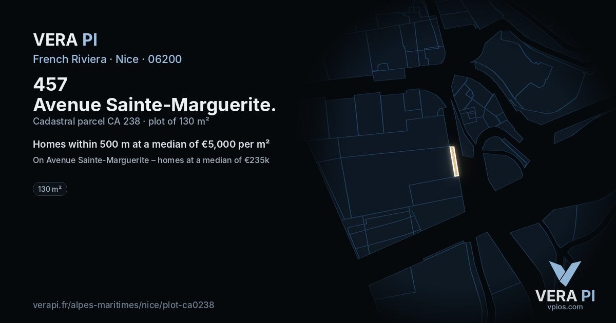 457 Avenue Sainte-Marguerite, Nice at night – the plot lit, the parcels around coloured by the prices near them