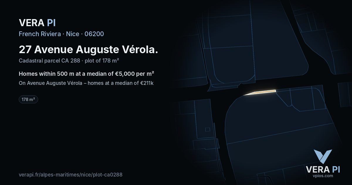27 Avenue Auguste Vérola, Nice at night – the plot lit, the parcels around coloured by the prices near them