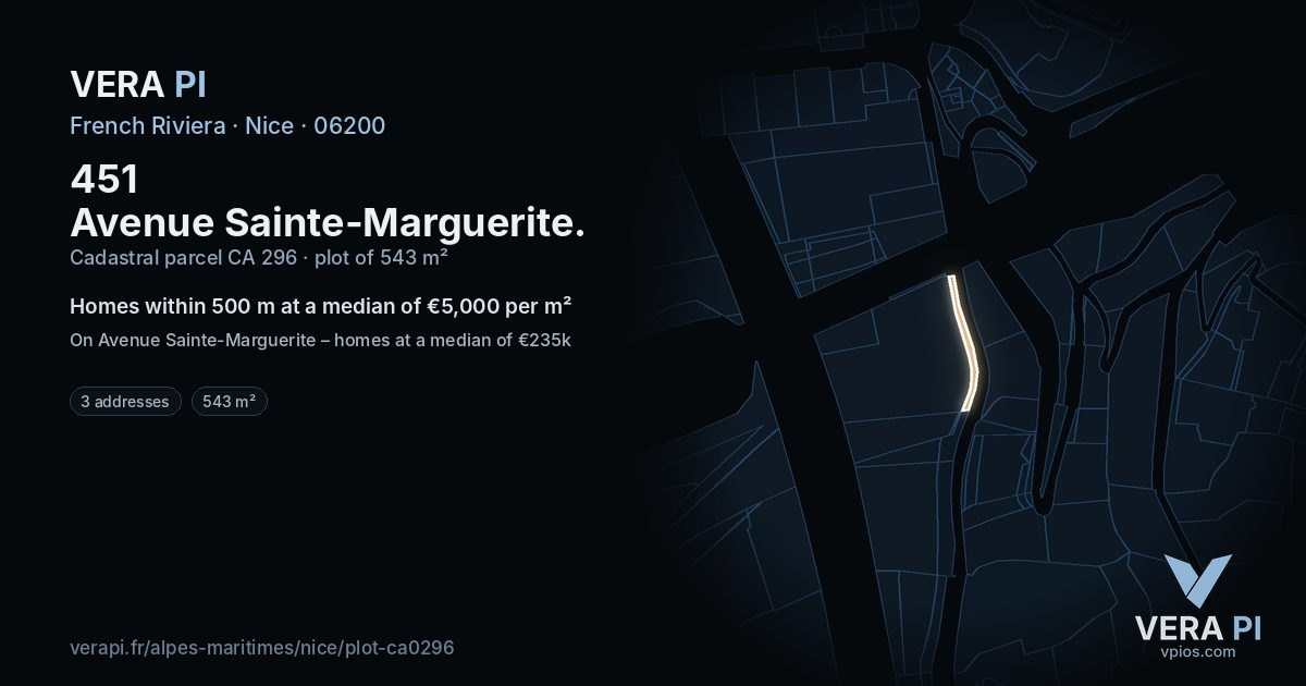 451 Avenue Sainte-Marguerite, Nice at night – the plot lit, the parcels around coloured by the prices near them