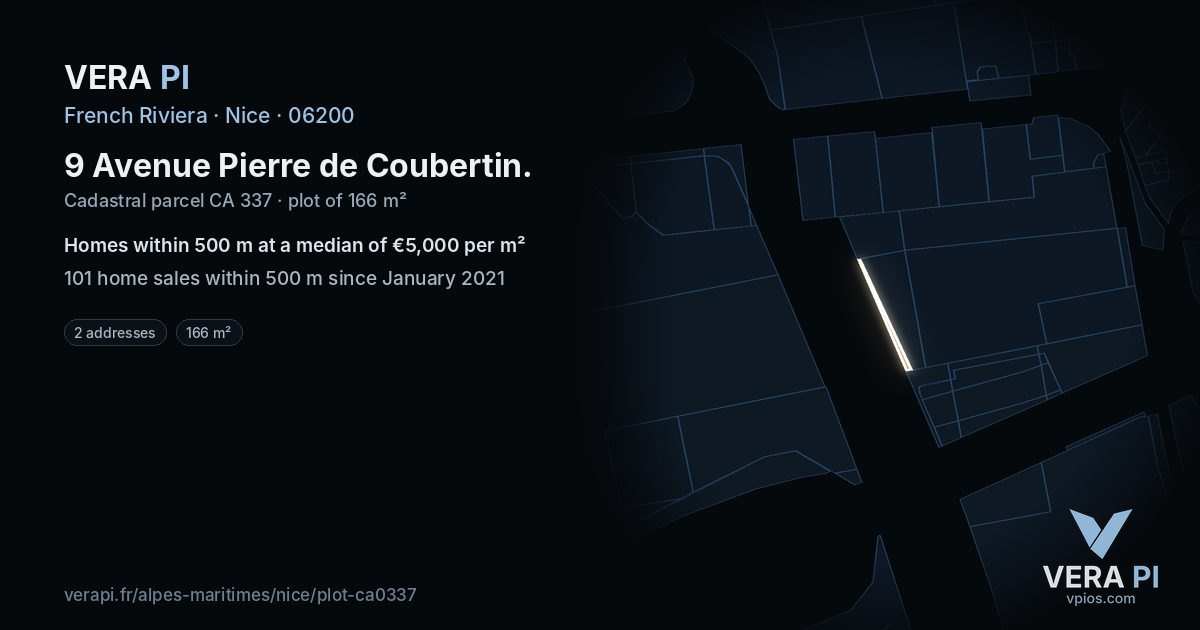 9 Avenue Pierre de Coubertin, Nice at night – the plot lit, the parcels around coloured by the prices near them