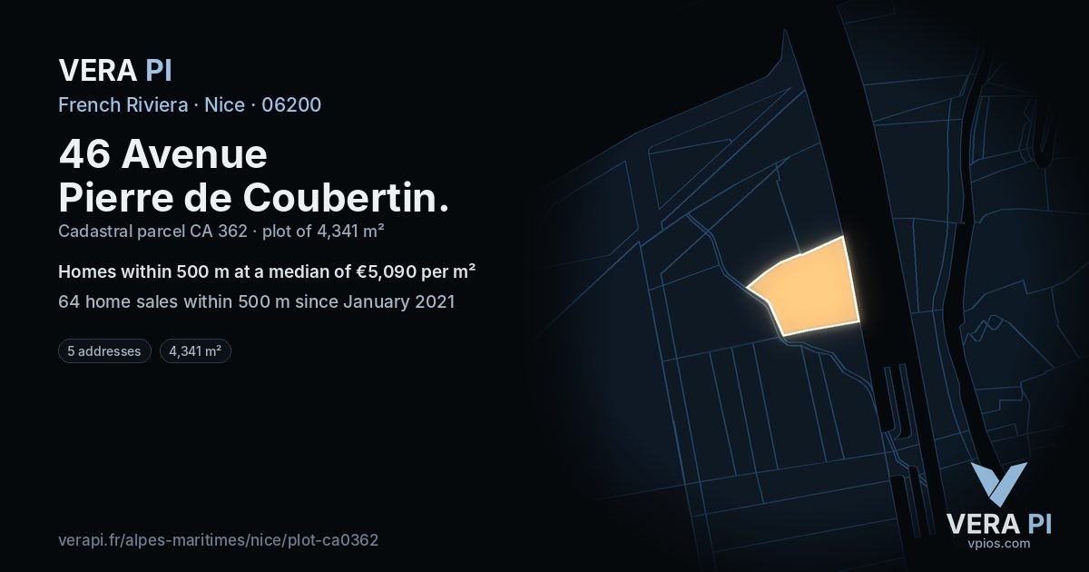 46 Avenue Pierre de Coubertin, Nice at night – the plot lit, the parcels around coloured by the prices near them