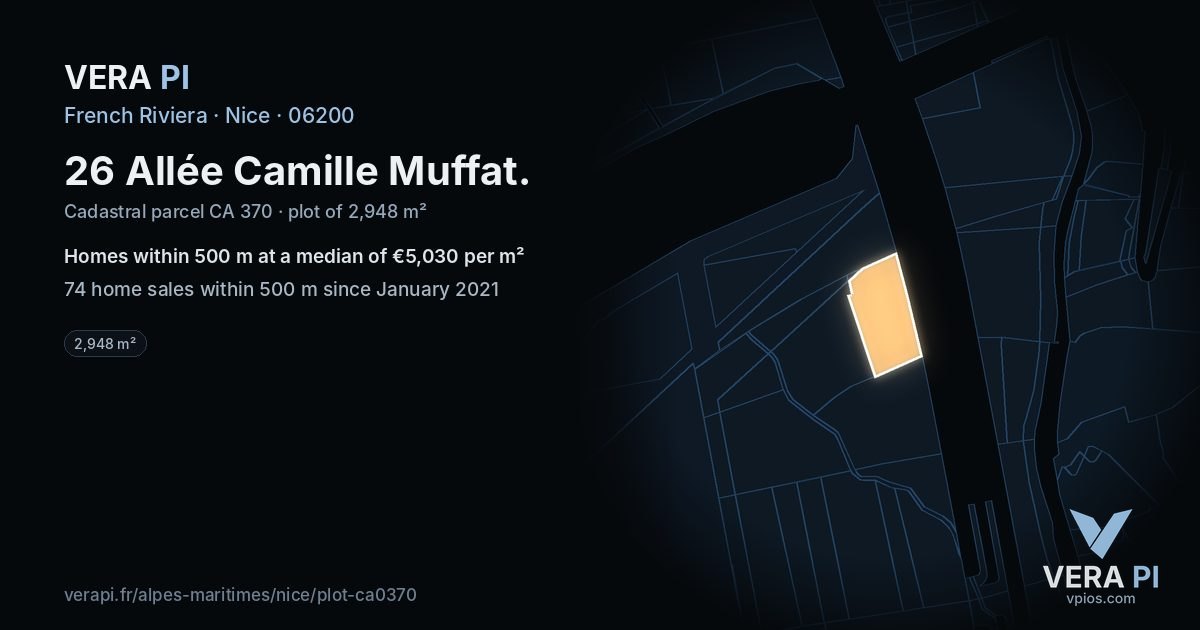 26 Allée Camille Muffat, Nice at night – the plot lit, the parcels around coloured by the prices near them