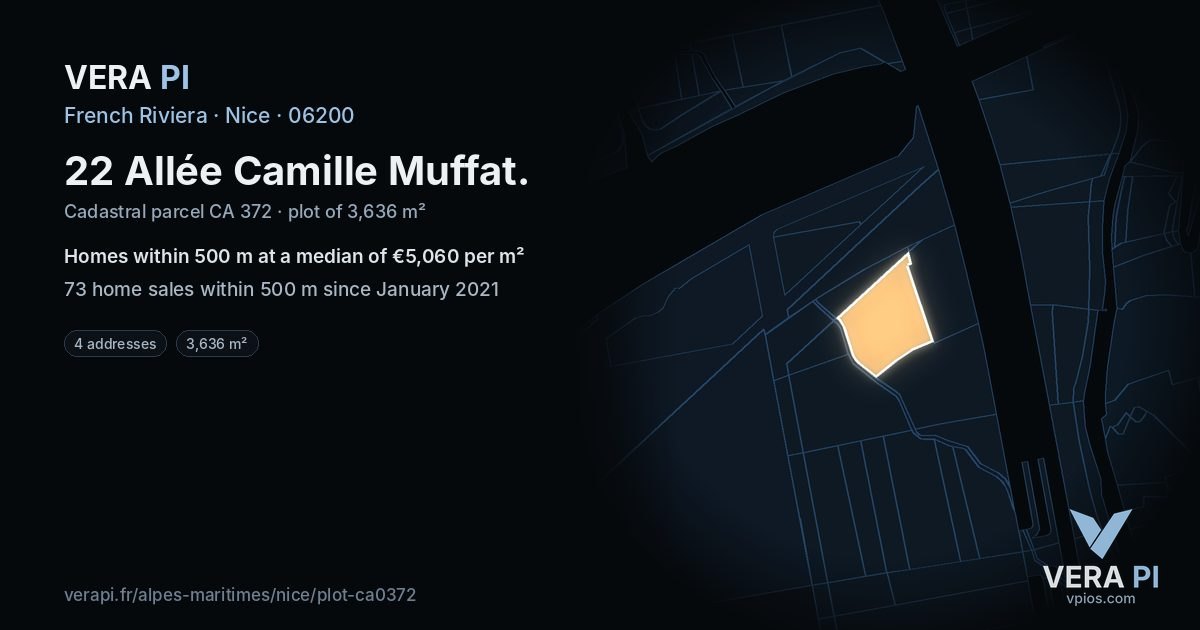 22 Allée Camille Muffat, Nice at night – the plot lit, the parcels around coloured by the prices near them