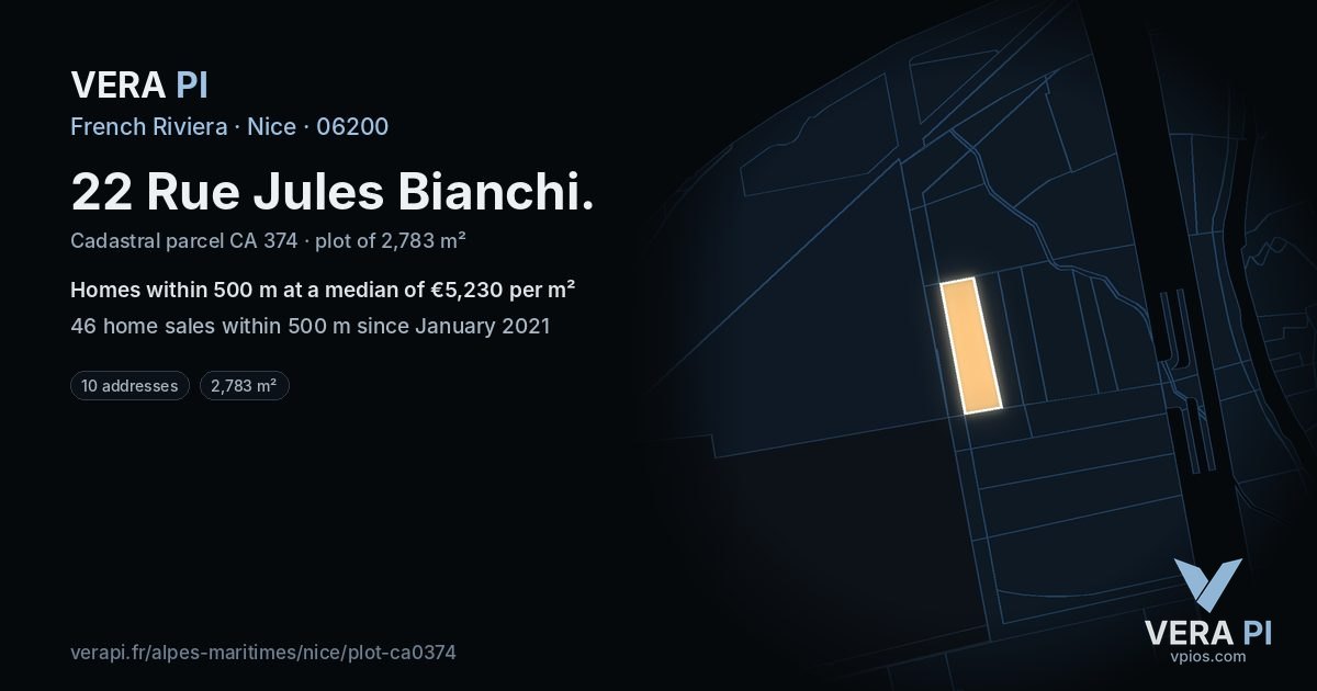 22 Rue Jules Bianchi, Nice at night – the plot lit, the parcels around coloured by the prices near them