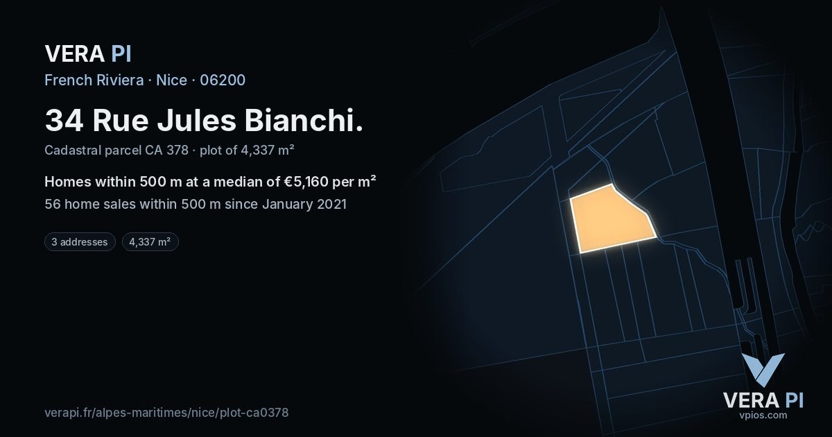 34 Rue Jules Bianchi, Nice at night – the plot lit, the parcels around coloured by the prices near them