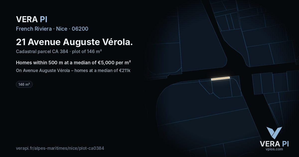21 Avenue Auguste Vérola, Nice at night – the plot lit, the parcels around coloured by the prices near them