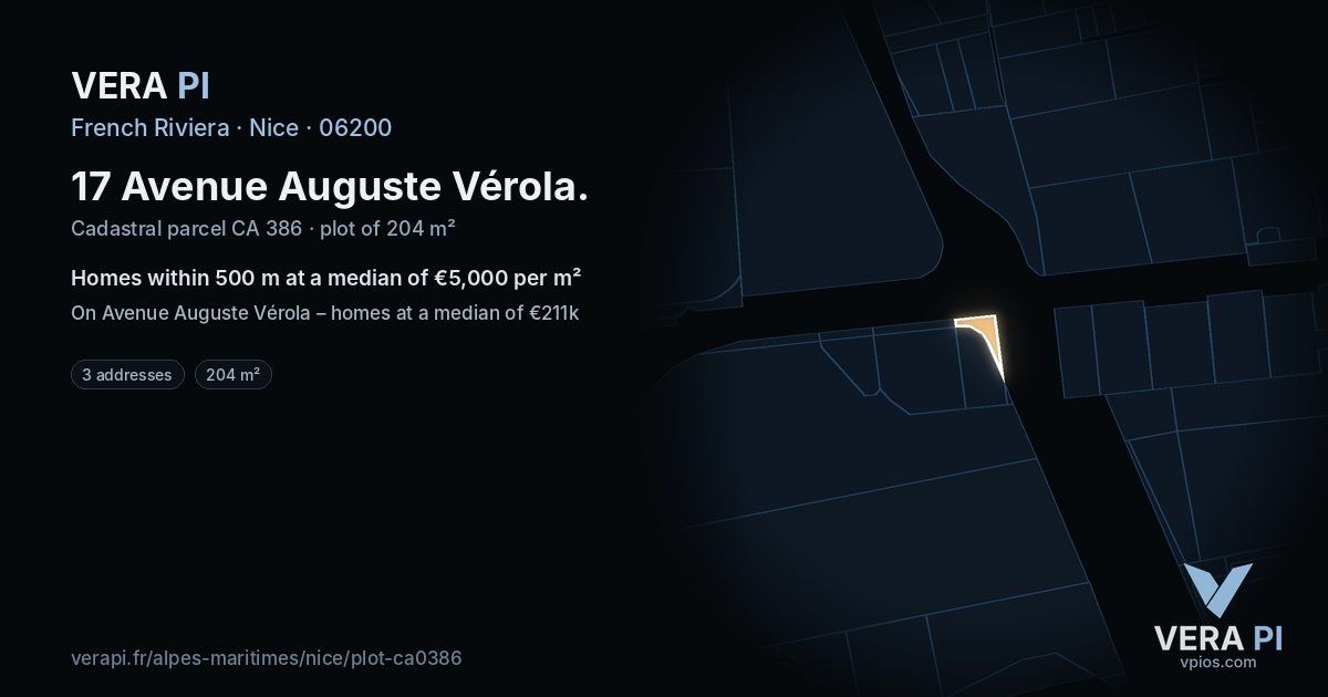 17 Avenue Auguste Vérola, Nice at night – the plot lit, the parcels around coloured by the prices near them