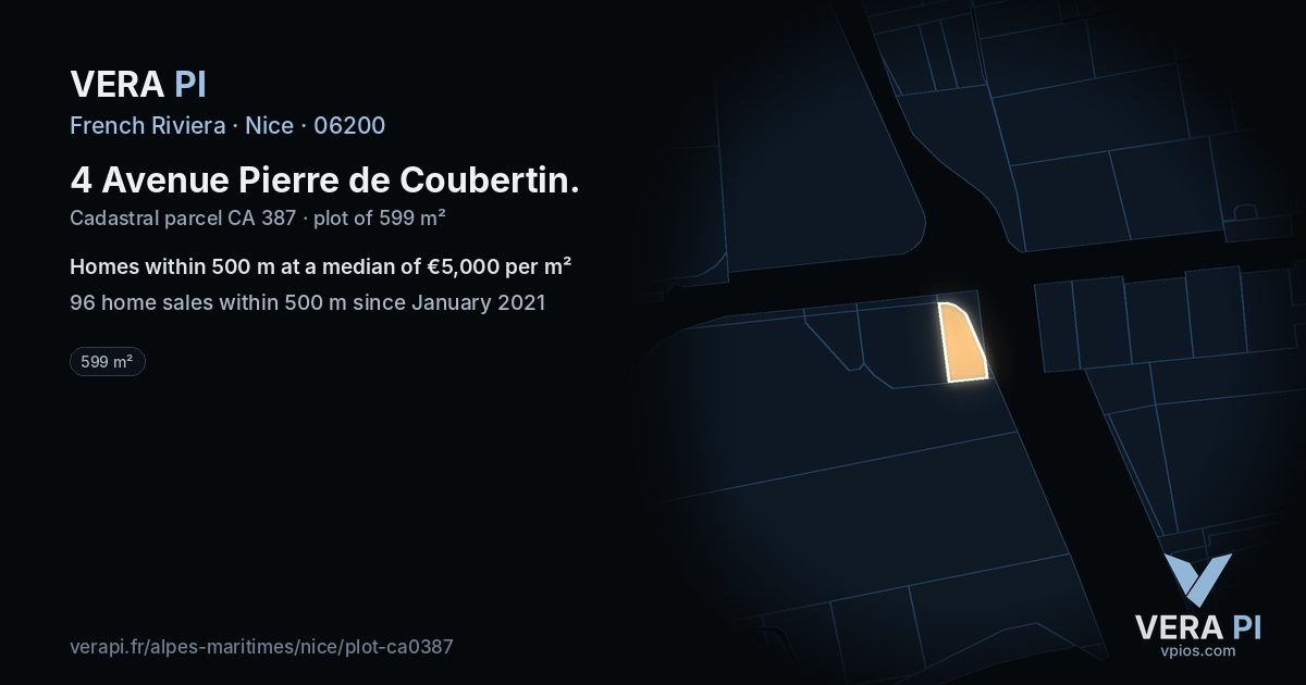 4 Avenue Pierre de Coubertin, Nice at night – the plot lit, the parcels around coloured by the prices near them