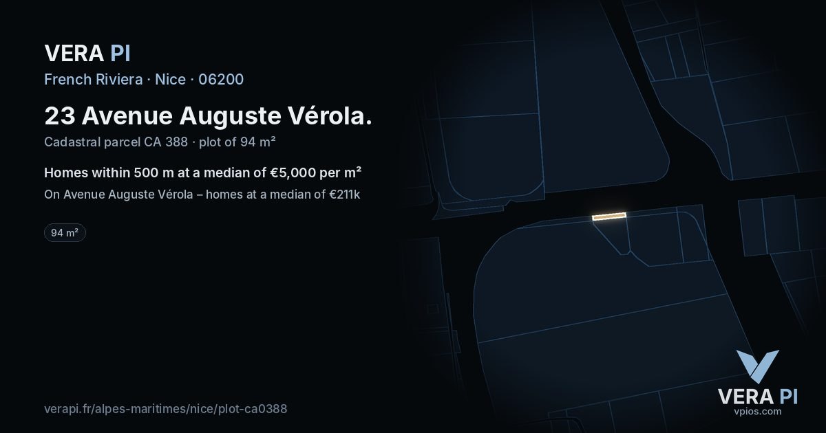 23 Avenue Auguste Vérola, Nice at night – the plot lit, the parcels around coloured by the prices near them