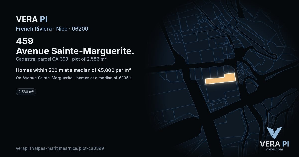 459 Avenue Sainte-Marguerite, Nice at night – the plot lit, the parcels around coloured by the prices near them