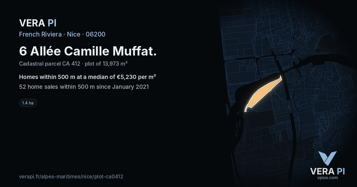 6 Allée Camille Muffat, Nice at night – the plot lit, the parcels around coloured by the prices near them
