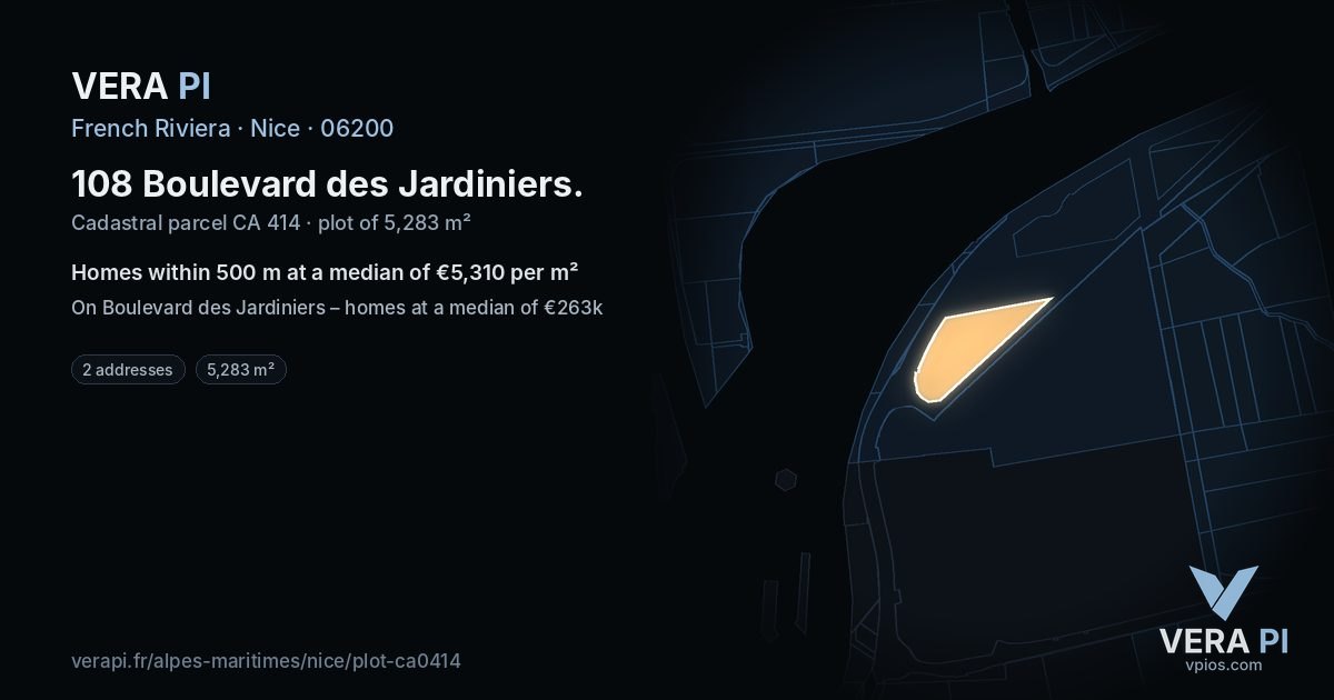 108 Boulevard des Jardiniers, Nice at night – the plot lit, the parcels around coloured by the prices near them