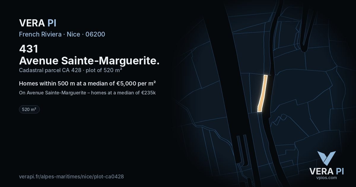 431 Avenue Sainte-Marguerite, Nice at night – the plot lit, the parcels around coloured by the prices near them