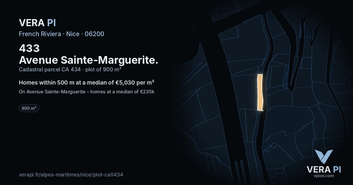 433 Avenue Sainte-Marguerite, Nice at night – the plot lit, the parcels around coloured by the prices near them