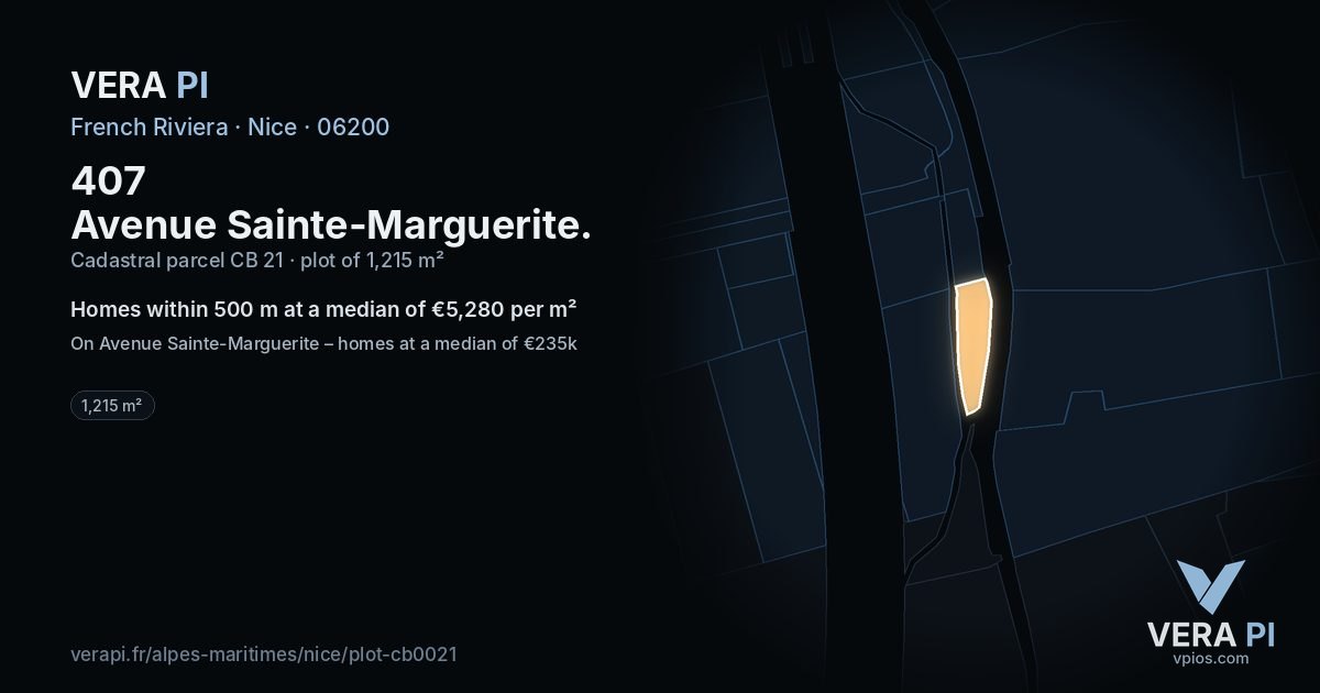 407 Avenue Sainte-Marguerite, Nice at night – the plot lit, the parcels around coloured by the prices near them